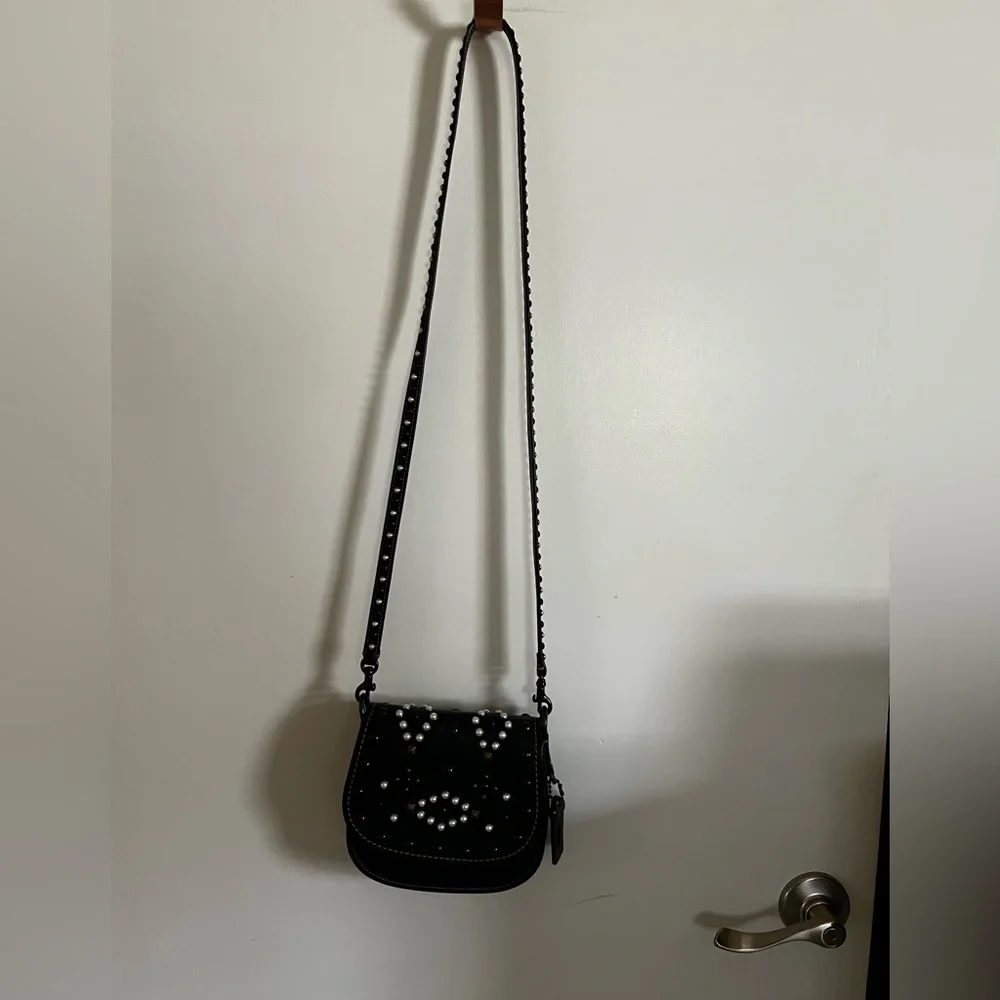 Coach VINTAGE Black Leather Crossbody Bag with Studs and‎ Pearls